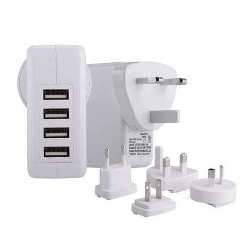 4 Port USB Travel Charger with AU, EU, UK, US Plugs